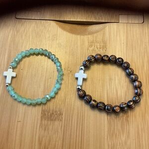 Beaded Cross Stretch Bracelets - Wood & Iridescent